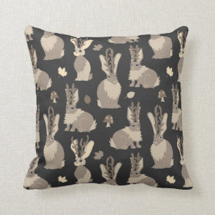 Jackalope Forest Funny Mythical Rabbit Print Black Throw Pillow