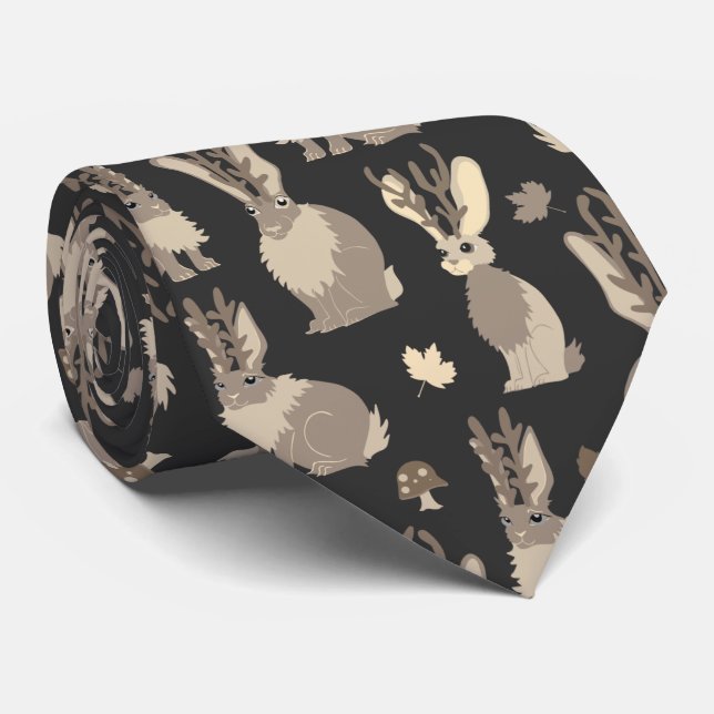Jackalope Forest Funny Mythical Rabbit Print Black Tie (Rolled)