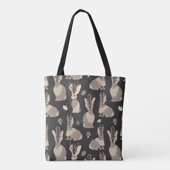 Jackalope Forest Funny Mythical Rabbit Print Black Tote Bag (Back)