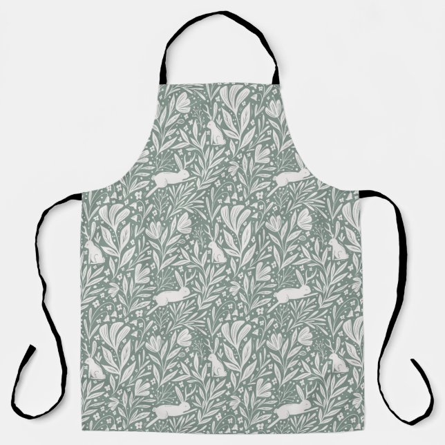 Jackalopes - antlered rabbits  floral- sage green apron (Front)