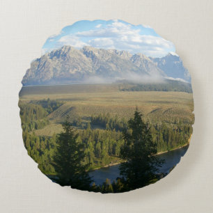 Jackson Hole Mountains and River Round Pillow