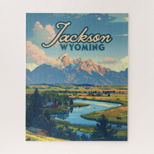 Jackson Hole Wyoming Ranch Tetons Mountains Retro Jigsaw Puzzle