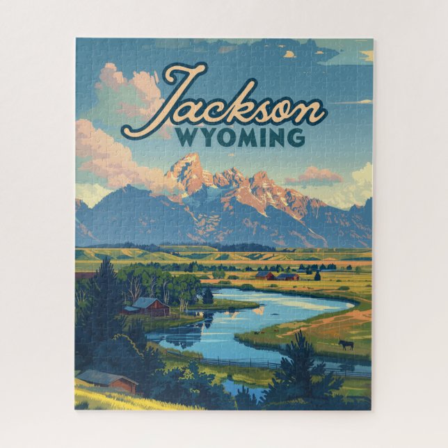 Jackson Hole Wyoming Ranch Tetons Mountains Retro Jigsaw Puzzle (Vertical)