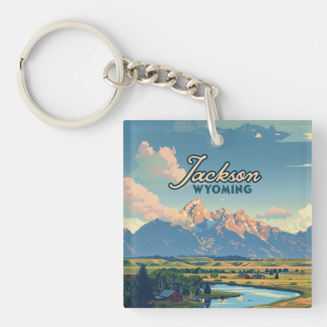 Jackson Hole Wyoming Ranch Tetons Mountains Retro Keychain (Front)