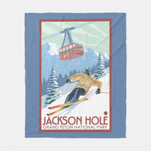 Jackson Hole, Wyoming Skier and Tram Fleece Blanket