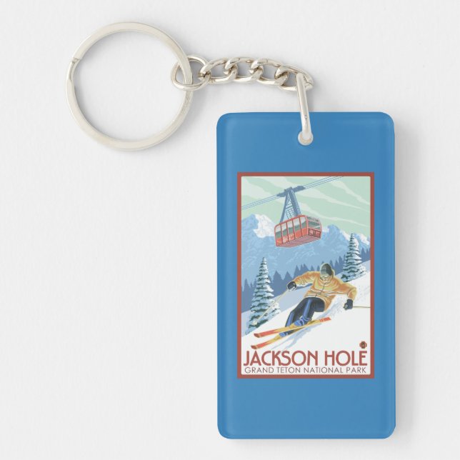 Jackson Hole, Wyoming Skier and Tram Keychain (Front)
