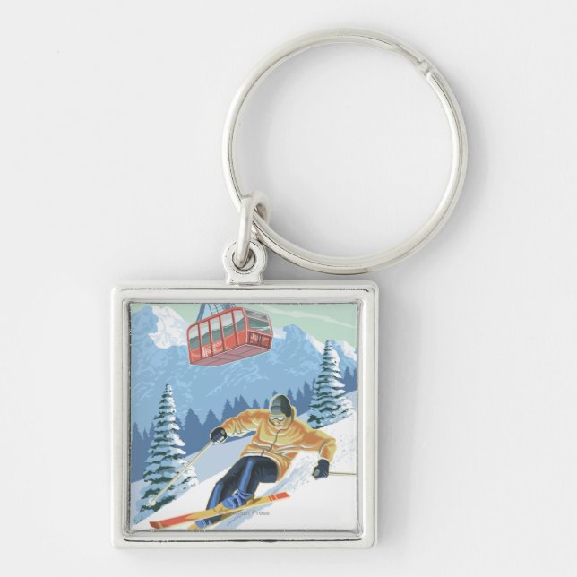 Jackson Hole, Wyoming Skier and Tram Keychain (Front)