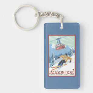 Jackson Hole, Wyoming Skier and Tram Keychain