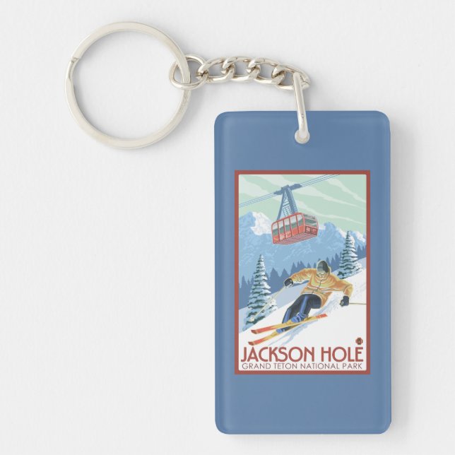 Jackson Hole, Wyoming Skier and Tram Keychain (Front)