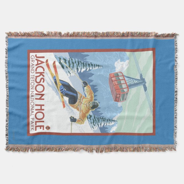 Jackson Hole, Wyoming Skier and Tram Throw Blanket (Front)