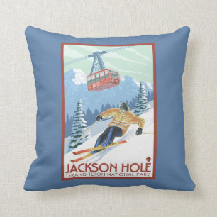 Jackson Hole, Wyoming Skier and Tram Throw Pillow
