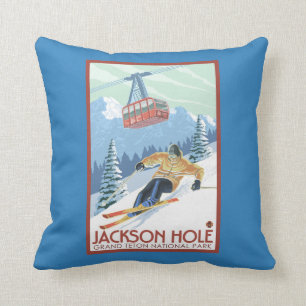 Jackson Hole, Wyoming Skier and Tram Throw Pillow