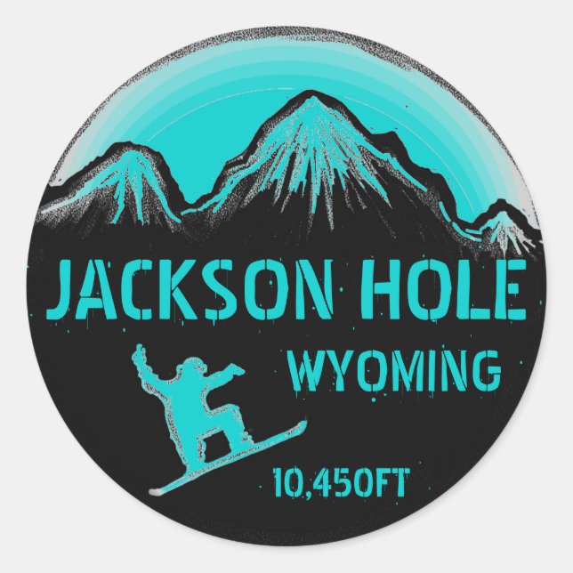 Jackson Hole Wyoming teal snowboard art stickers (Front)