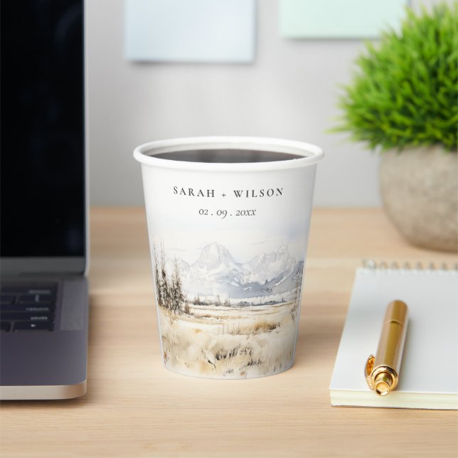 Jackson Hole Wyoming Watercolor Landscape Wedding Paper Cups (Insitu)