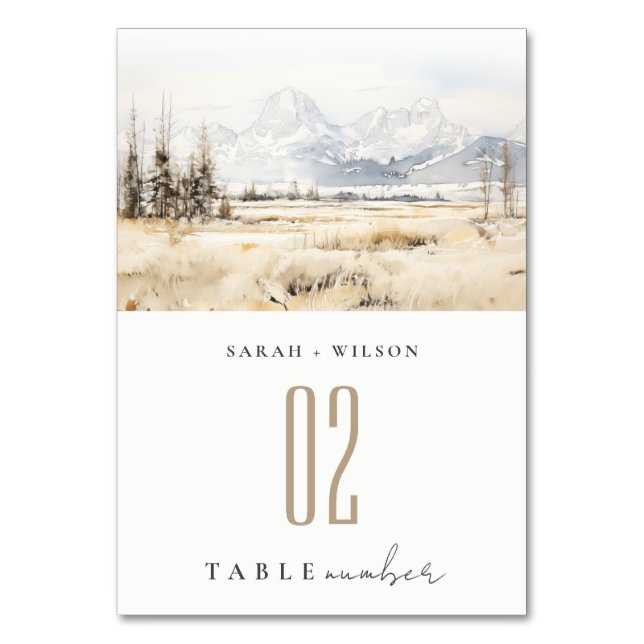 Jackson Hole Wyoming Watercolor Landscape Wedding Table Number (Front)