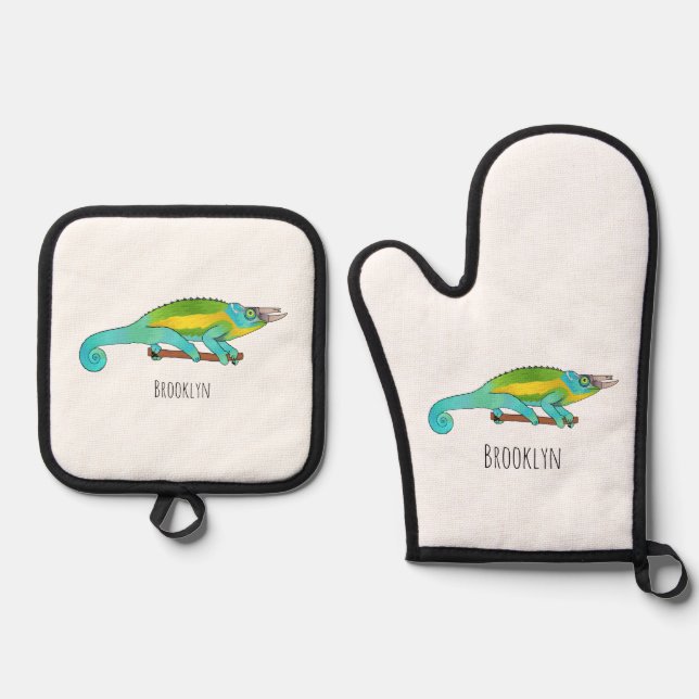 Jackson's chameleon cartoon illustration oven mitt & pot holder set (Front)