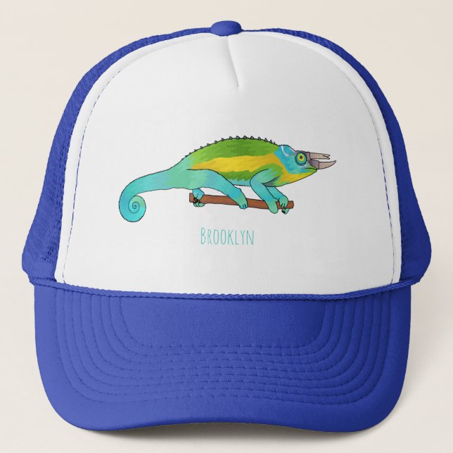 Jackson's chameleon cartoon illustration  trucker hat (Front)