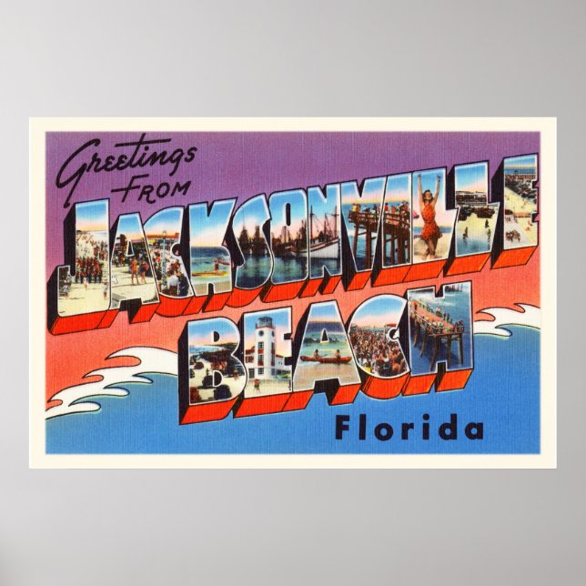 Jacksonville Beach Florida FL Old Travel Souvenir Poster (Front)