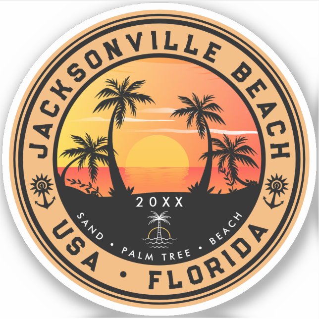 Jacksonville Beach Florida Retro Sunset Palm 80s (Front)