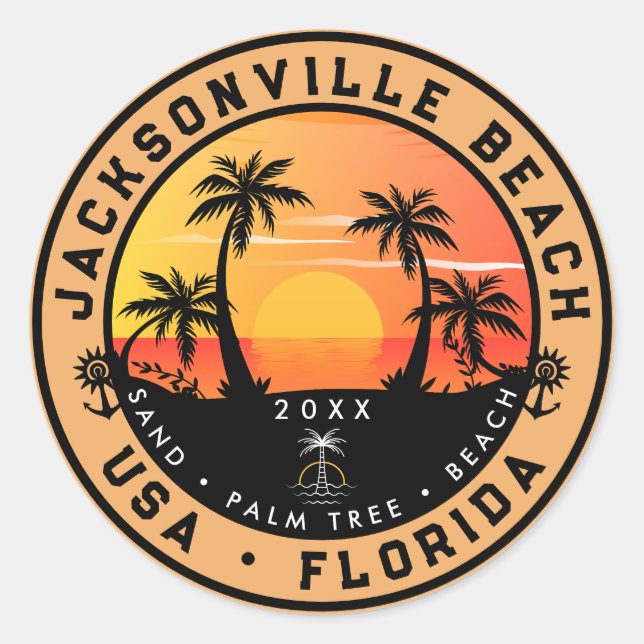Jacksonville Beach Florida tropical Retro Sunset Classic Round Sticker (Front)