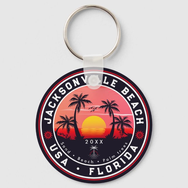 Jacksonville Beach Florida tropical Retro Sunset Keychain (Front)