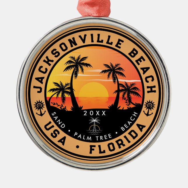 Jacksonville Beach Florida tropical Retro Sunset Metal Ornament (Front)
