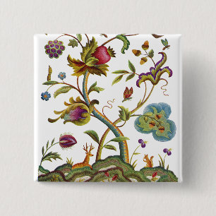 Jacobean Crewel Embroidery Tree of Life 2 Inch Square Button