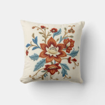 Jacobean Crewel Floral Cream Throw Pillow