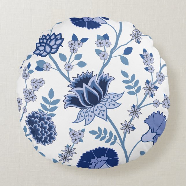 Jacobean Floral 2Way Pattern Blues on White Round Pillow (Front)
