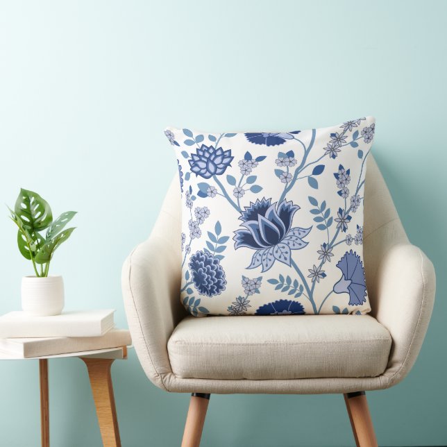 Jacobean Floral 2Way Pattern Blues on White Throw Pillow (Chair)