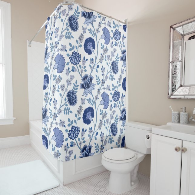 Jacobean Floral Big Pattern Blues on White (In Situ)