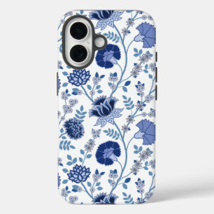 Jacobean Floral Big Pattern Blues on White iPhone 16 Case