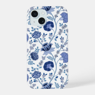 Jacobean Floral Big Pattern Blues on White iPhone 15 Case