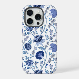 Jacobean Floral Big Pattern Blues on White iPhone 15 Pro Case