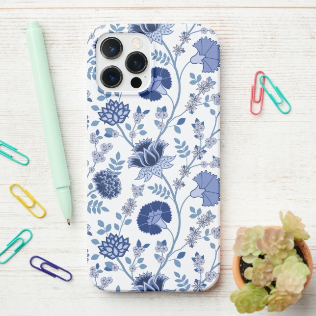 Jacobean Floral Big Pattern Blues on White iPhone Case (On Desk)