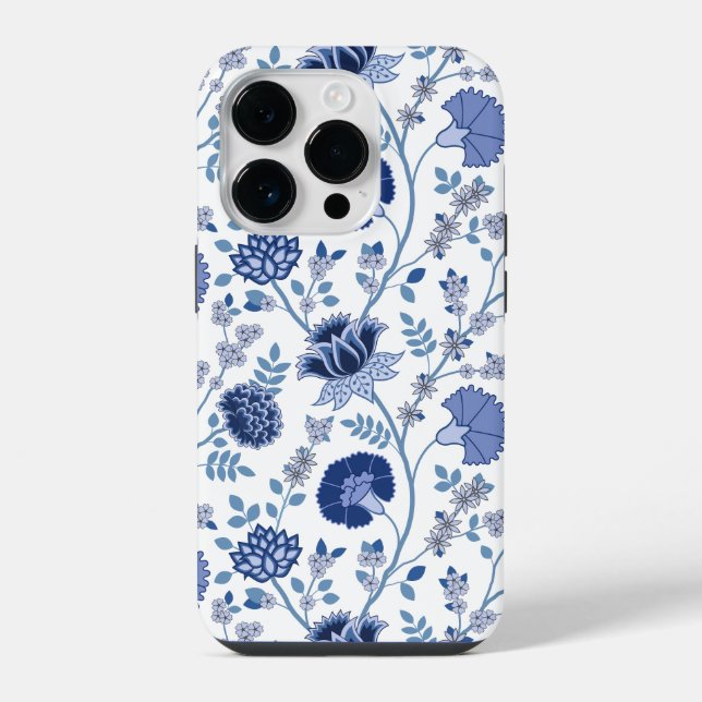Jacobean Floral Big Pattern Blues on White iPhone Case (Back)