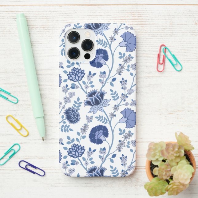 Jacobean Floral Big Pattern Blues on White iPhone Case (On Desk)