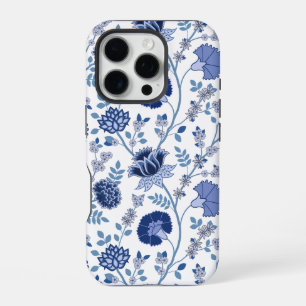 Jacobean Floral Big Pattern Blues on White iPhone 16 Pro Case