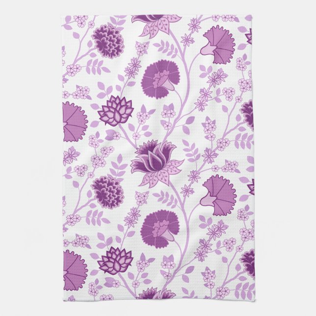 Jacobean Floral Big Pattern Pinks on White Kitchen Towel (Vertical)