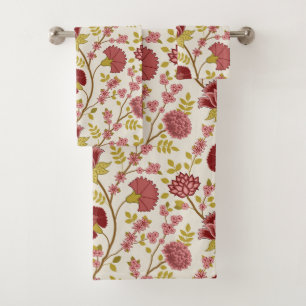 Jacobean Floral Big Pattern Reds Pinks Gold Cream Bath Towel Set