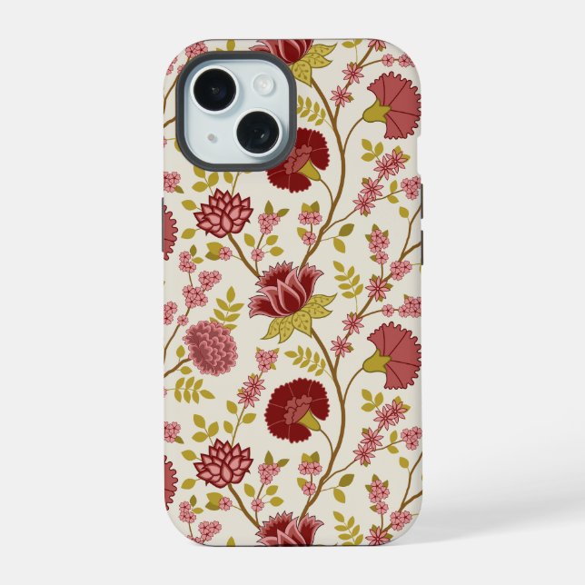 Jacobean Floral Big Pattern Reds Pinks Gold Cream iPhone 15 Case (Back)