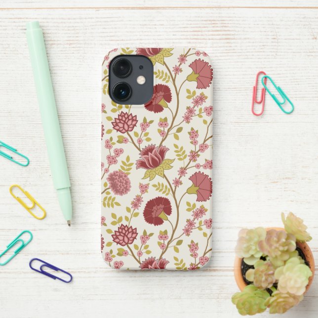 Jacobean Floral Big Pattern Reds Pinks Gold Cream iPhone Case (On Desk)