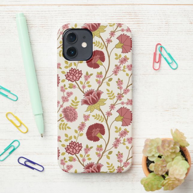 Jacobean Floral Big Pattern Reds Pinks Gold Cream iPhone Case (On Desk)
