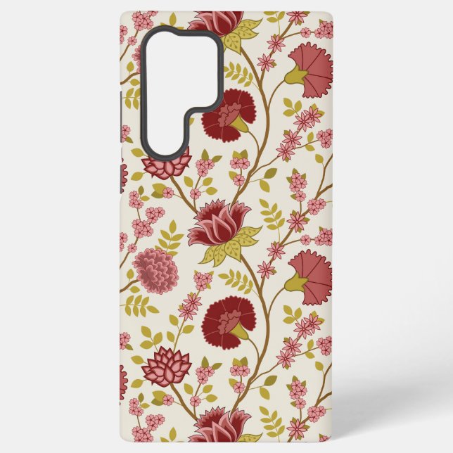 Jacobean Floral Big Pattern Reds Pinks Gold Cream Samsung Galaxy S22 Ultra Case (Back)