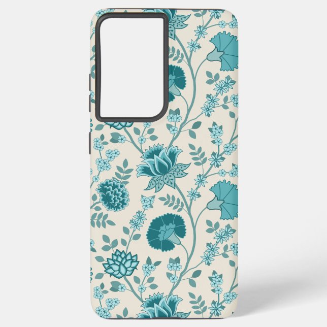 Jacobean Floral Big Pattern Teals on Cream Samsung Galaxy S21+ Case (Back)