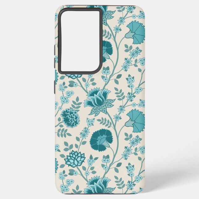 Jacobean Floral Big Pattern Teals on Cream Samsung Galaxy S21 Ultra Case (Back)