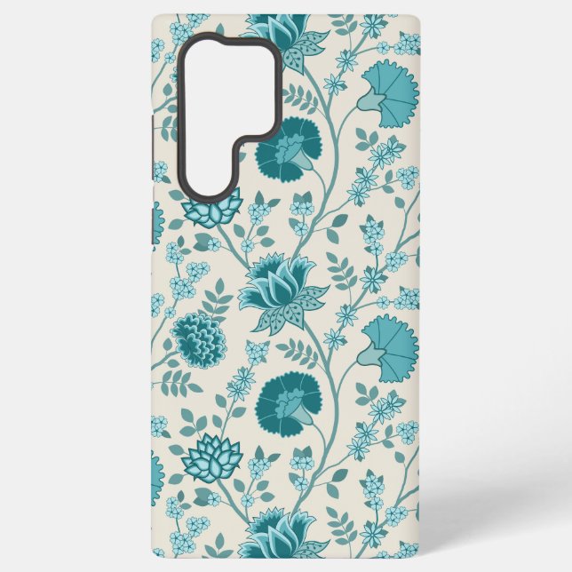 Jacobean Floral Big Pattern Teals on Cream Samsung Galaxy S22 Ultra Case (Back)
