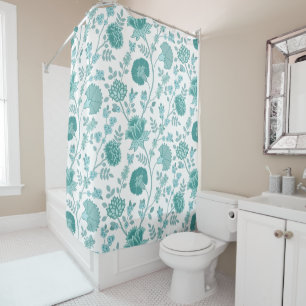Jacobean Floral Big Pattern Teals on White