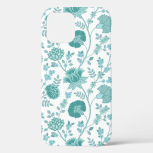 Jacobean Floral Big Pattern Teals on White iPhone 12 Case