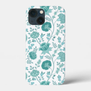 Jacobean Floral Big Pattern Teals on White iPhone 13 Mini Case